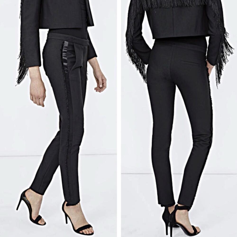 Maje Pauline SatinTuxedo Stripe Fringe Trim Black Low Rise Pants 40 L 10/12